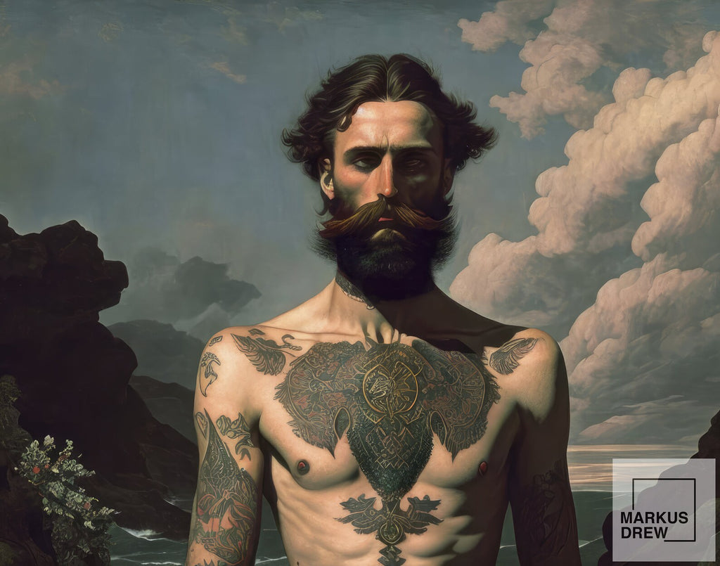 Men with Beards and Tattoos Art, Ai Generated Men with Tattoo Wall Art