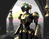 Golden Robot Wall Art with Sky Eyes, Ai Generated Digital Artwork