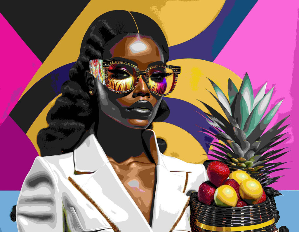 Black Girl with with Glasses, Ai Girl with Basket of Fruit Wall Art